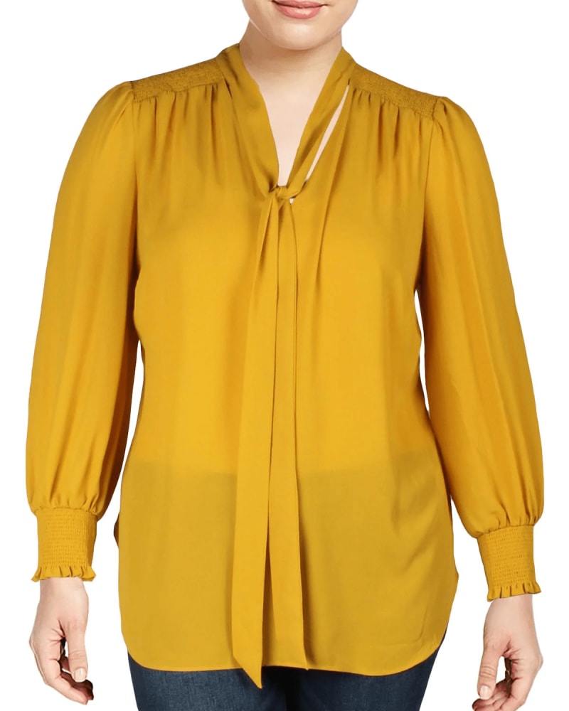 Front of a model wearing a size 1X Ralph Lauren Women's Plus Aleksei Tie Neck Smocked Blouse Yellow Size 1X in Yellow by Ralph Lauren. | dia_product_style_image_id:311578